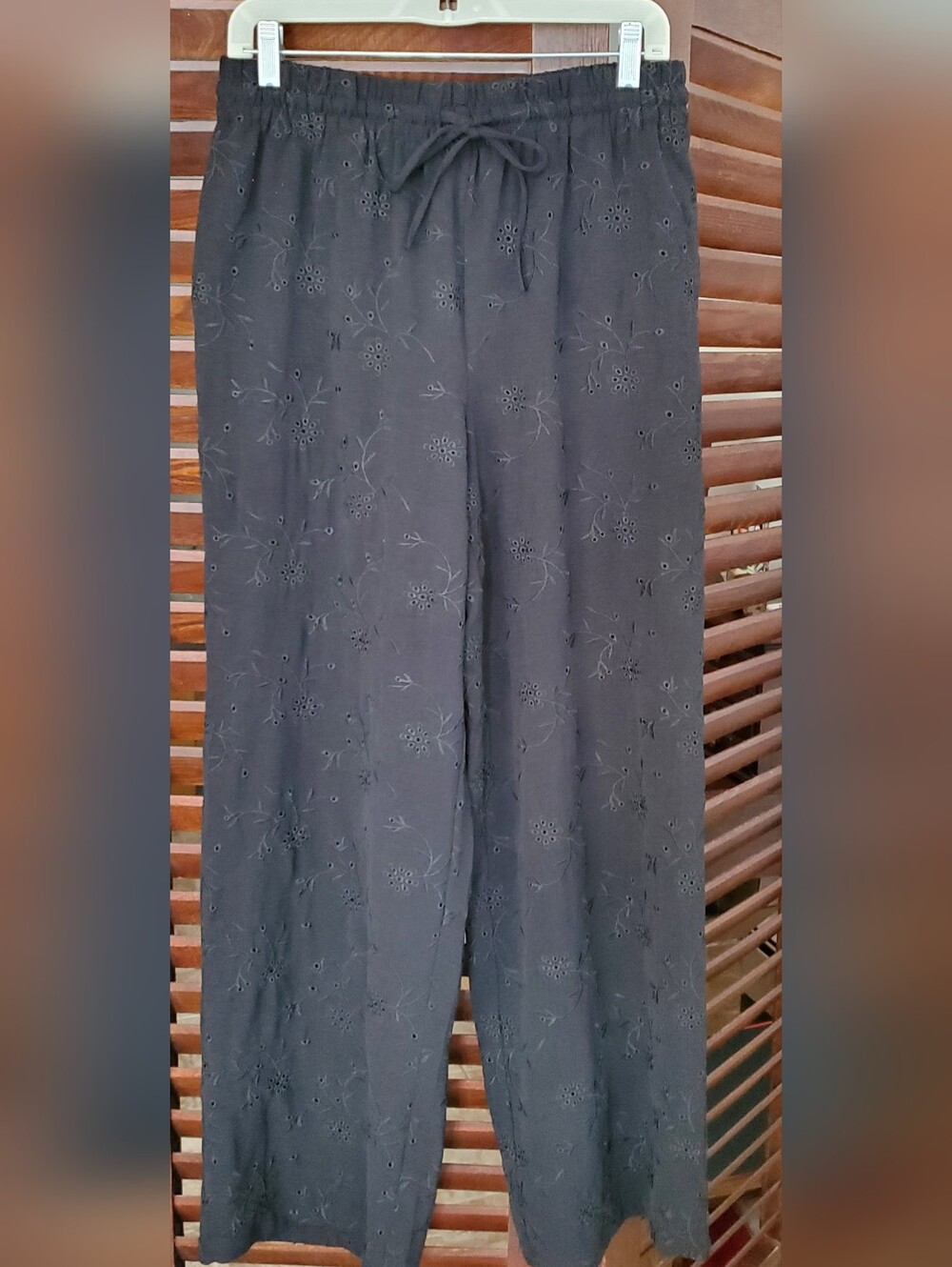Summer Black Embroidered Wide-Leg Drawstring Pants
